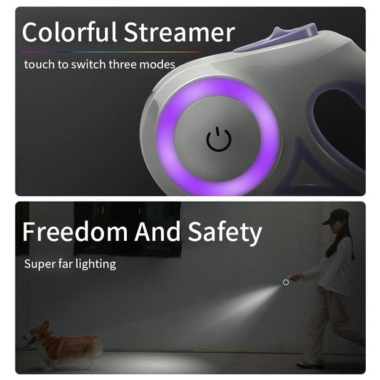 Retractable dog leash with colorful LED touch light and long-range illumination for night walks - Shopszara