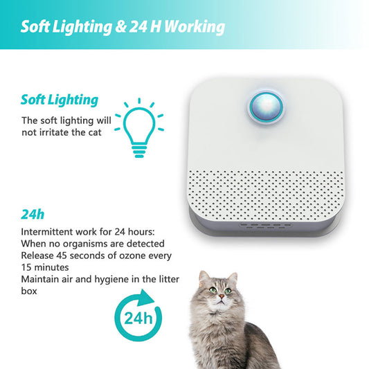 Infographic showing soft night light and 24-hour auto operation of smart cat odor purifier - Shopszara