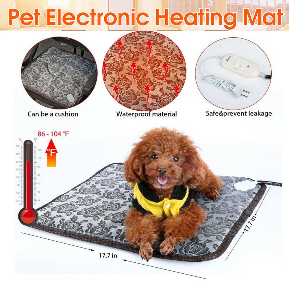 Infographic showing waterproof, cushioned, adjustable-temperature features of self-heating pet bed pad - Shopszara