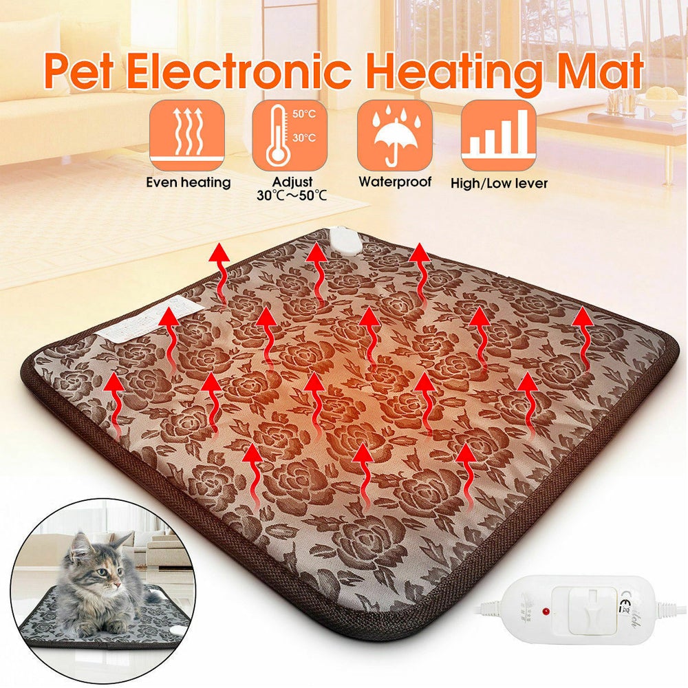 Infographic showing even heating and adjustable temperature settings of pet bed pad - Shopszara