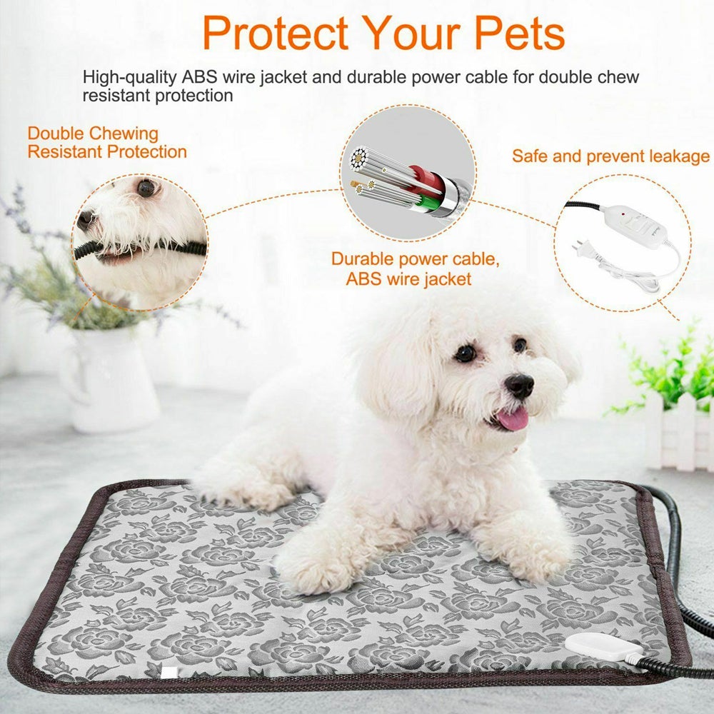 Infographic highlighting chew-resistant cable protection on pet heating bed pad - Shopszara