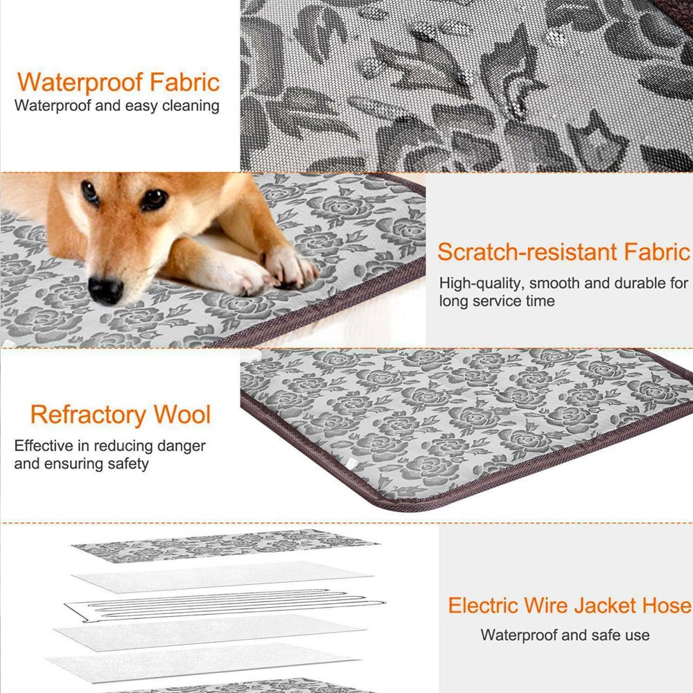 Infographic detailing waterproof, scratch-resistant fabric and safety features of pet bed pad - Shopszara