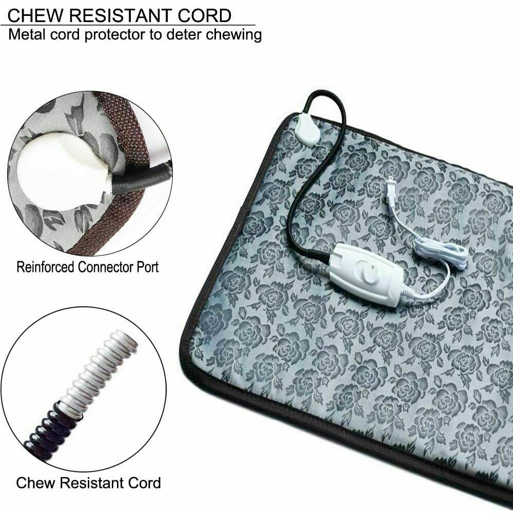 Close-up of chew-resistant cord and reinforced connector on pet heating bed pad - Shopszara