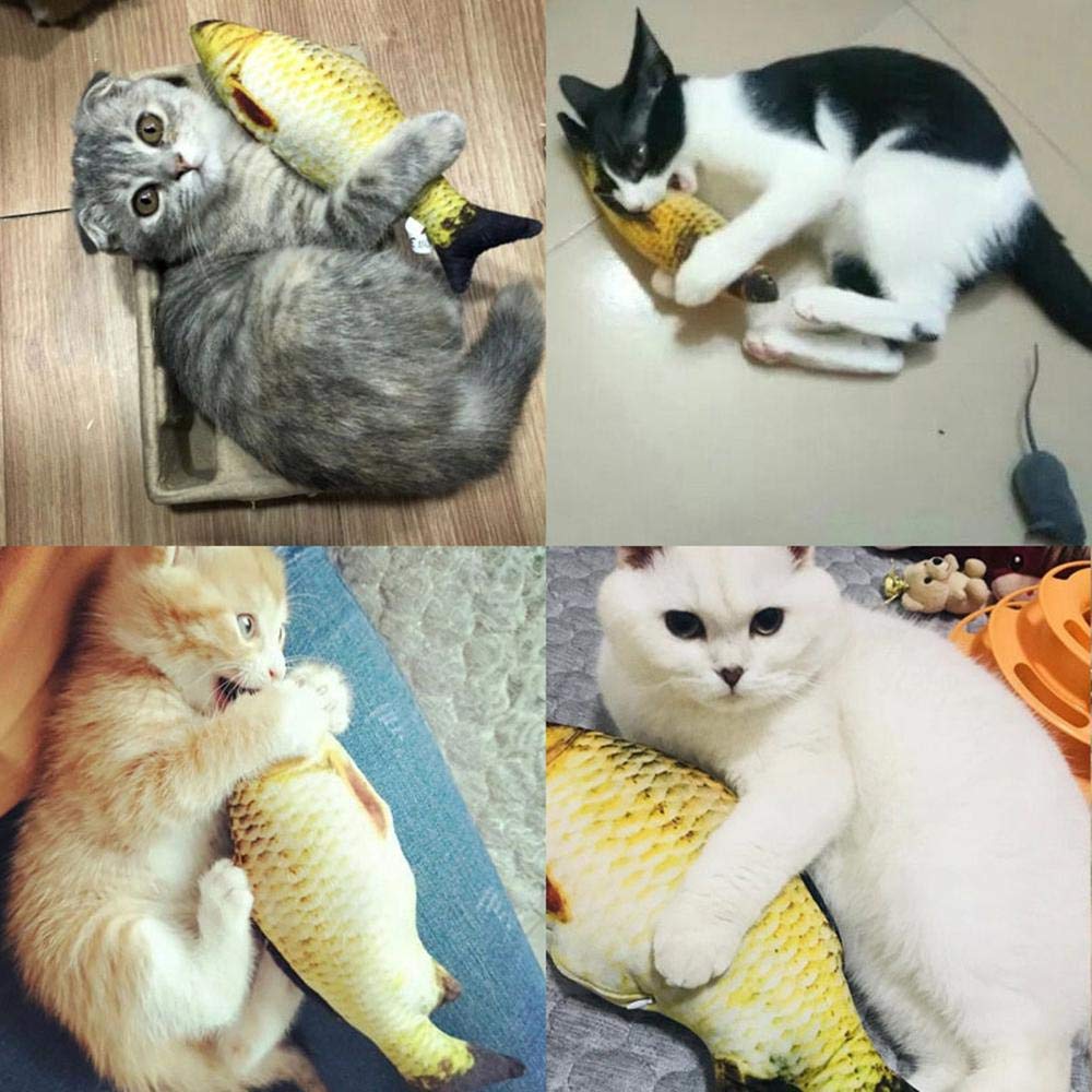 Collage of four cats biting and playing with electric flipping fish toy - Shopszara
